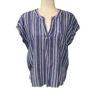 Coastal Comfort Linen Blend Blue Stipe Split Neck Top
